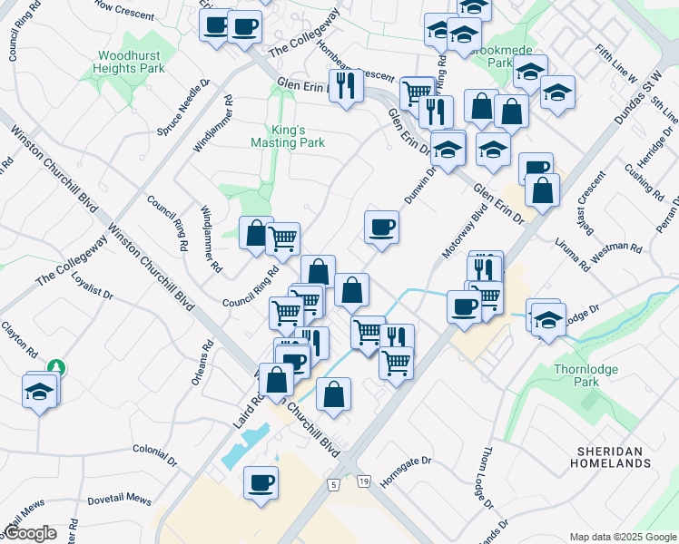 map of restaurants, bars, coffee shops, grocery stores, and more near 2505 Dunwin Drive in Mississauga
