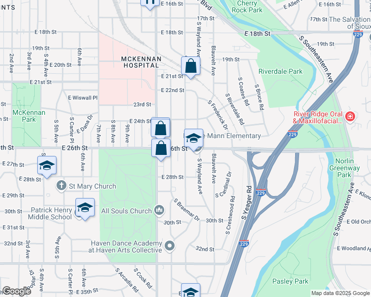 map of restaurants, bars, coffee shops, grocery stores, and more near 1401 East 26th Street in Sioux Falls