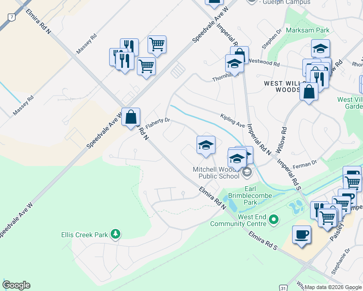 map of restaurants, bars, coffee shops, grocery stores, and more near 40 Flaherty Drive in Guelph