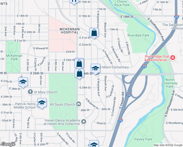 map of restaurants, bars, coffee shops, grocery stores, and more near 1401 East 26th Street in Sioux Falls