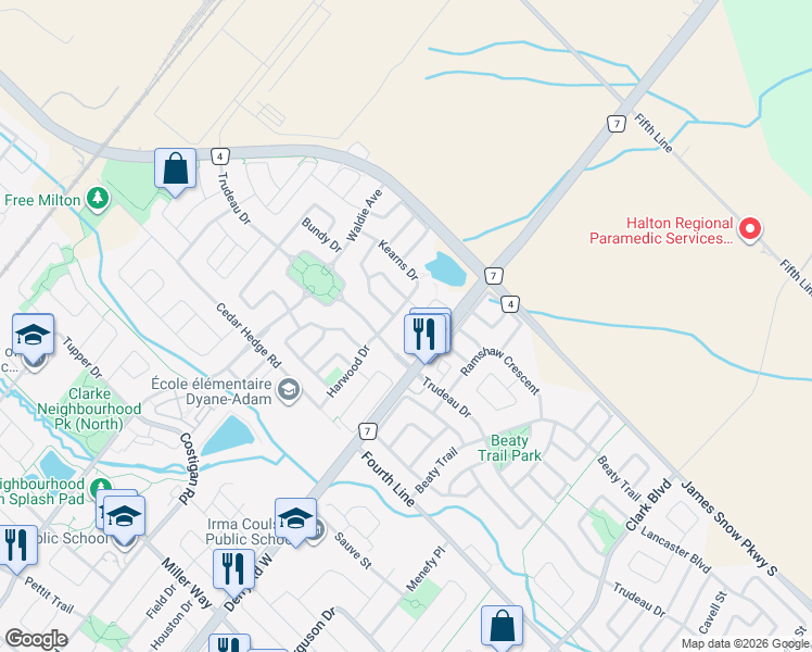 map of restaurants, bars, coffee shops, grocery stores, and more near 1595 Gowling Terrace in Milton