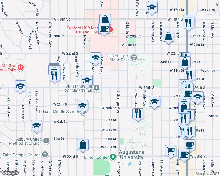 map of restaurants, bars, coffee shops, grocery stores, and more near 1805 South Euclid Avenue in Sioux Falls