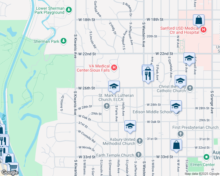map of restaurants, bars, coffee shops, grocery stores, and more near 2501 West 26th Street in Sioux Falls