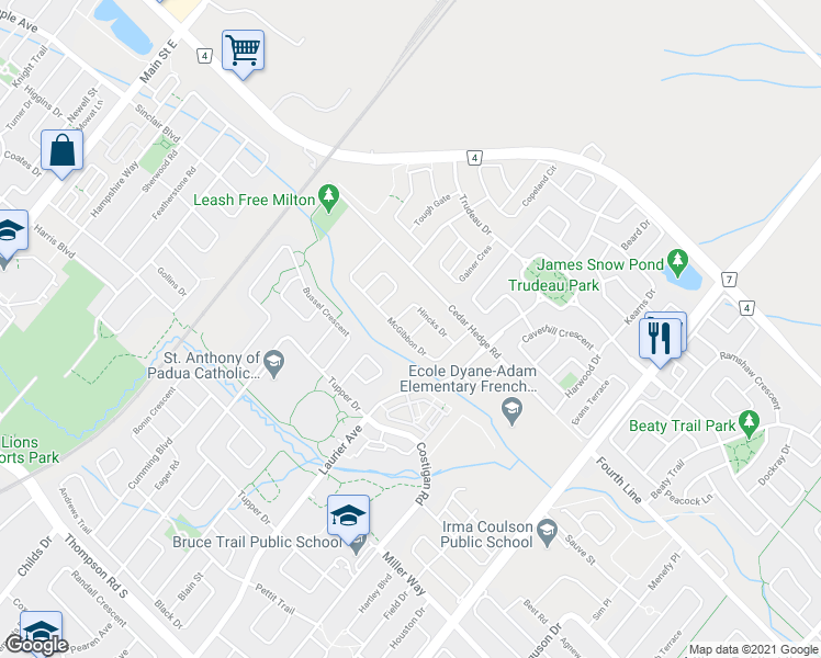 map of restaurants, bars, coffee shops, grocery stores, and more near 1445 Bews Landing in Milton