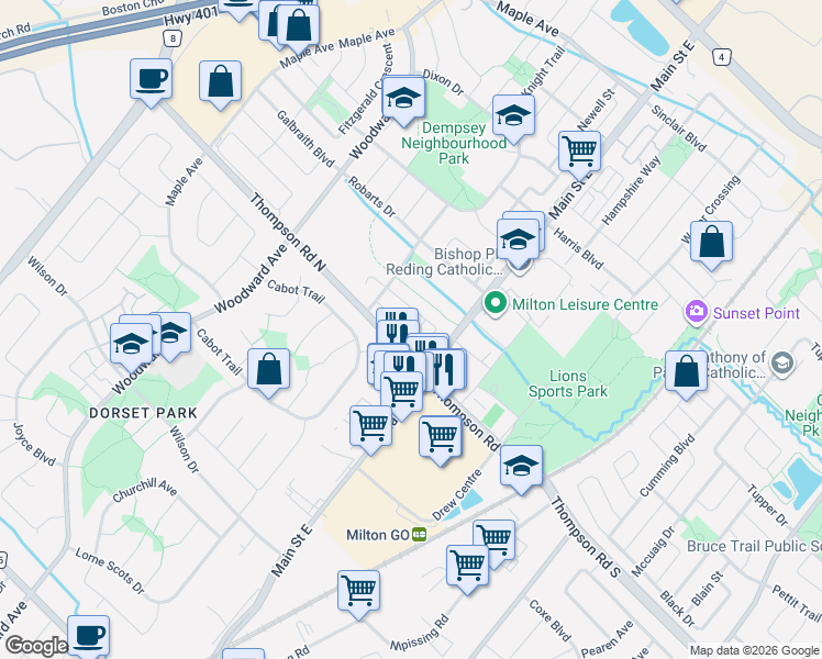 map of restaurants, bars, coffee shops, grocery stores, and more near 1015 Borden Lane in Milton