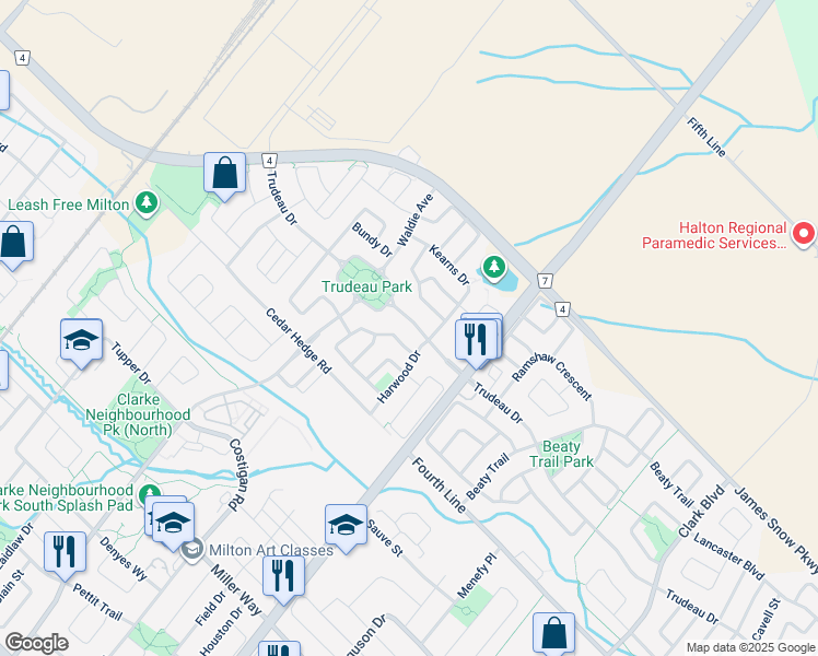 map of restaurants, bars, coffee shops, grocery stores, and more near 490 Trudeau Drive in Milton