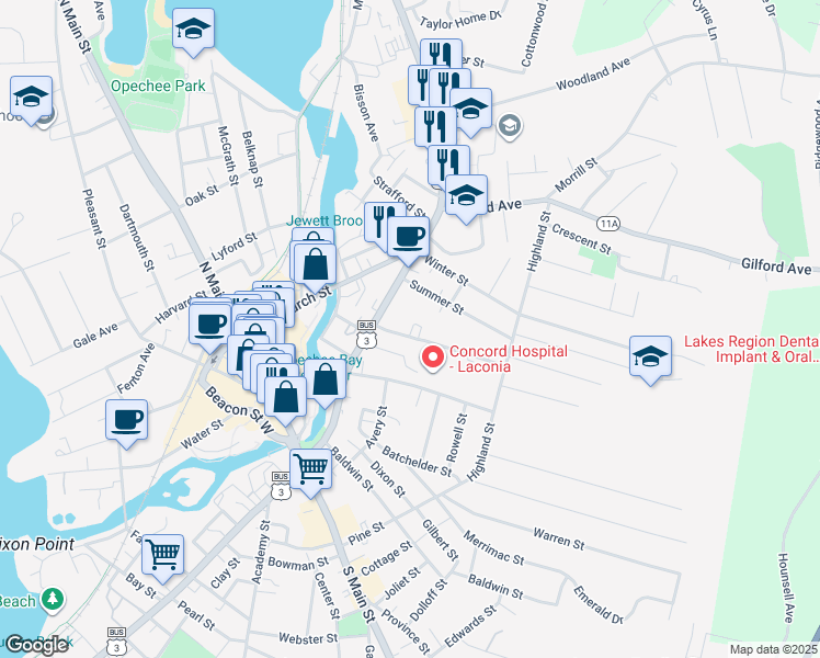 map of restaurants, bars, coffee shops, grocery stores, and more near 10 Olive Place in Laconia