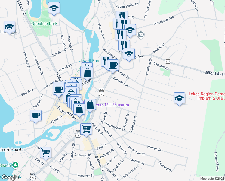 map of restaurants, bars, coffee shops, grocery stores, and more near 10 Olive Place in Laconia
