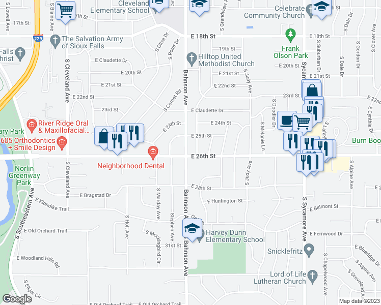 map of restaurants, bars, coffee shops, grocery stores, and more near 3700 East 26th Street in Sioux Falls