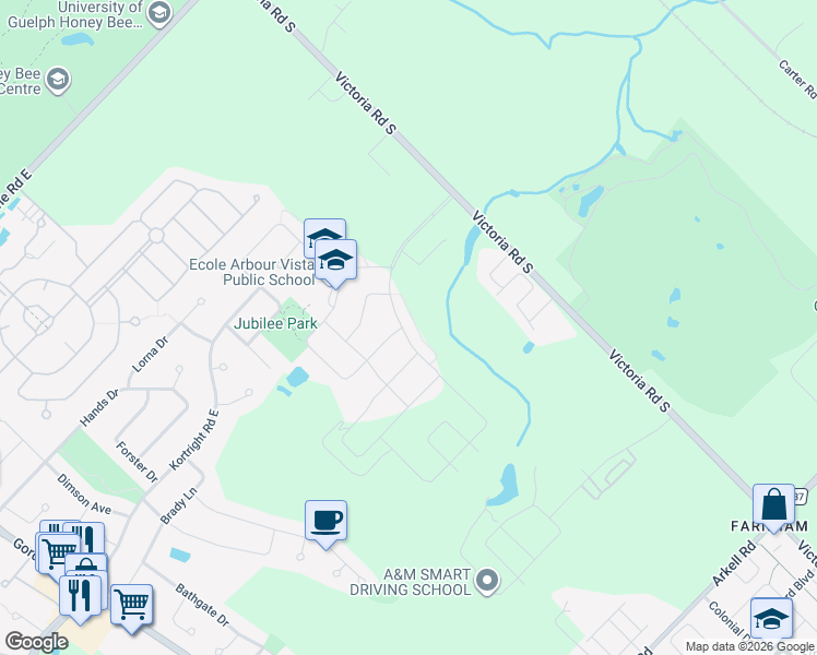 map of restaurants, bars, coffee shops, grocery stores, and more near 277 MacAlister Boulevard in Guelph