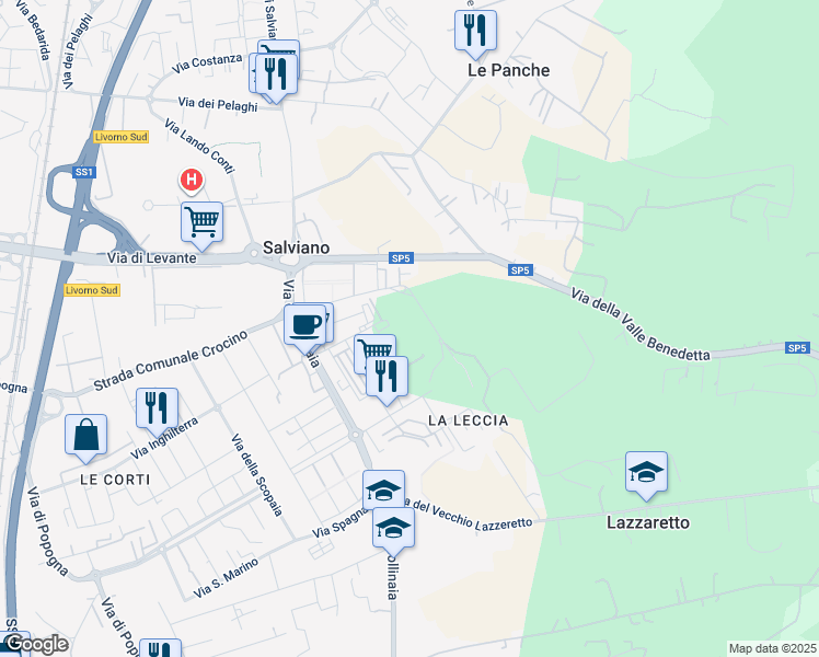 map of restaurants, bars, coffee shops, grocery stores, and more near 34 Via della Leccia in Livorno