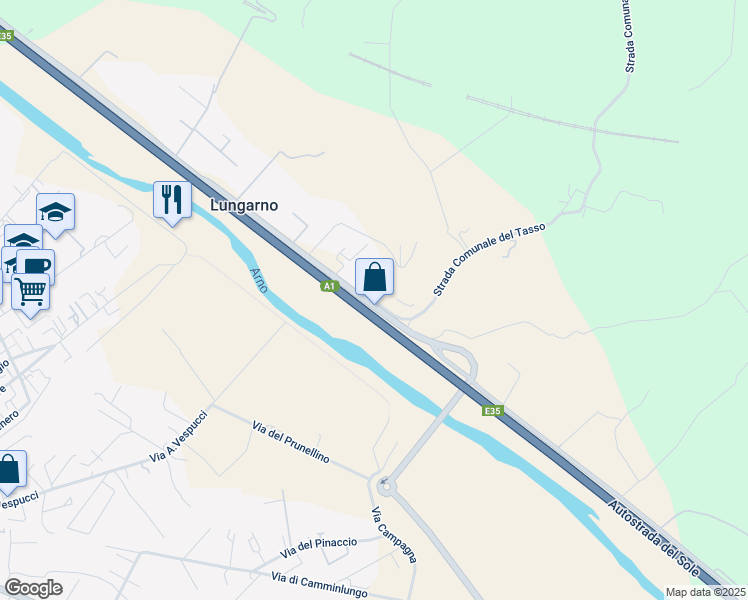 map of restaurants, bars, coffee shops, grocery stores, and more near 194 Strada Comunale del Tasso in Lungarno