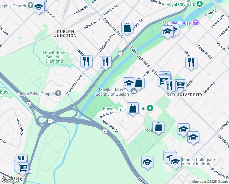 map of restaurants, bars, coffee shops, grocery stores, and more near 295 Water Street in Guelph
