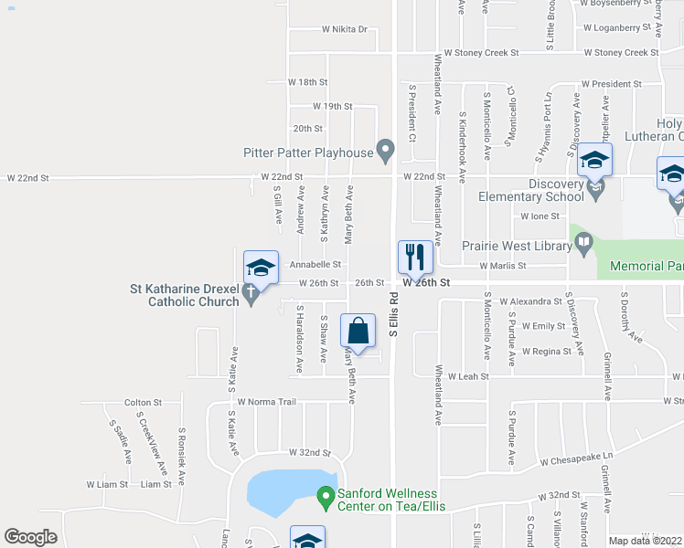 map of restaurants, bars, coffee shops, grocery stores, and more near 1701 South Ellis Road in Sioux Falls