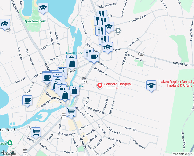 map of restaurants, bars, coffee shops, grocery stores, and more near 10 Olive Place in Laconia