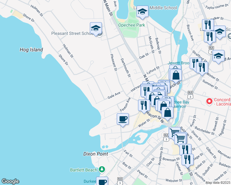 map of restaurants, bars, coffee shops, grocery stores, and more near 23 Gale Avenue in Laconia