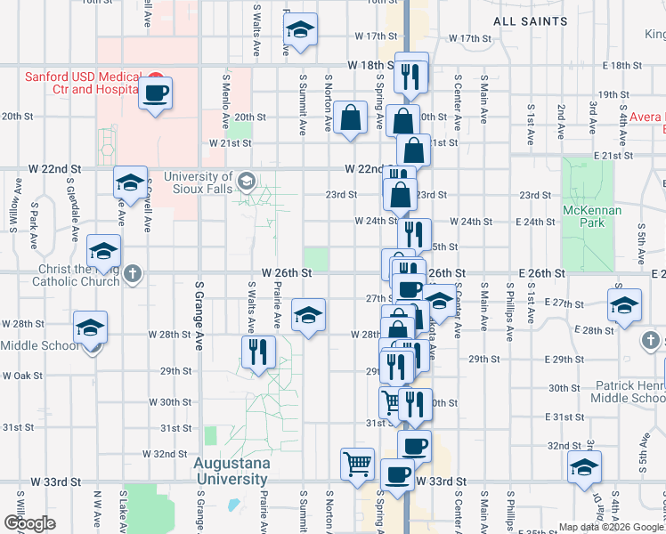 map of restaurants, bars, coffee shops, grocery stores, and more near 1706 South Norton Avenue in Sioux Falls