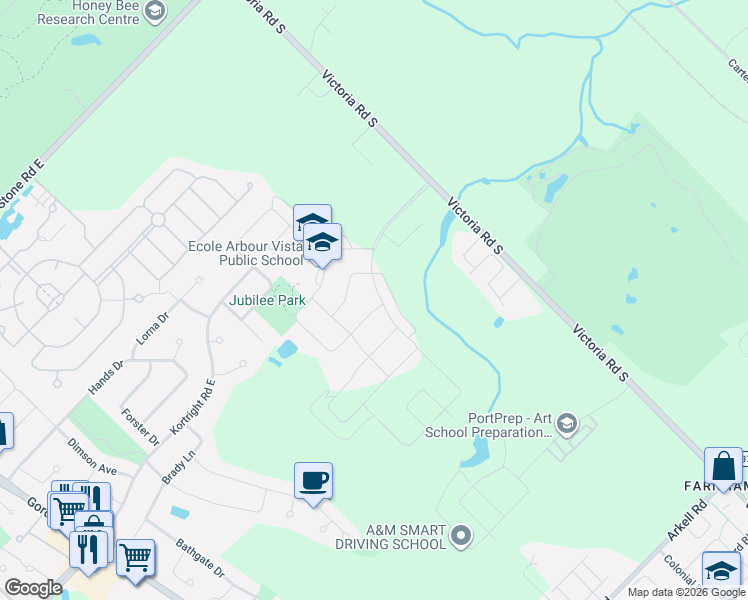 map of restaurants, bars, coffee shops, grocery stores, and more near 3 McCann Street in Guelph