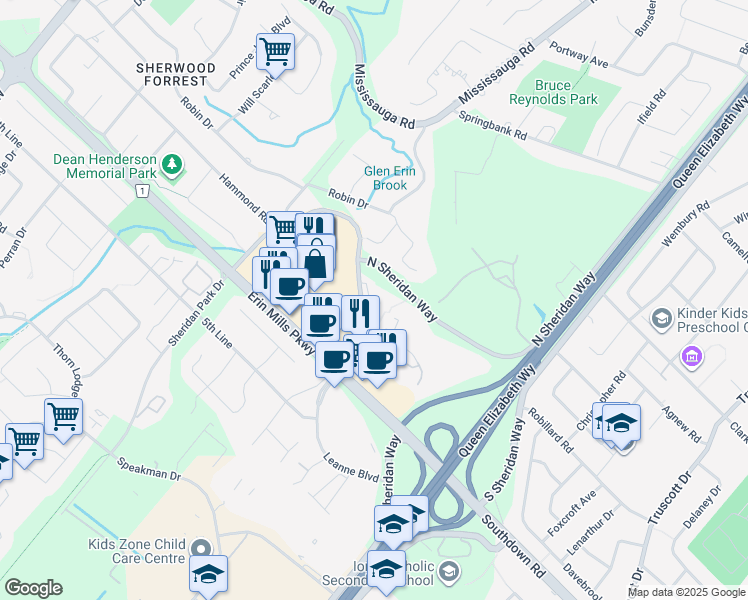 map of restaurants, bars, coffee shops, grocery stores, and more near 1980 Fowler Drive in Mississauga