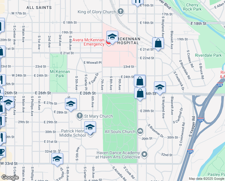 map of restaurants, bars, coffee shops, grocery stores, and more near 1719 South 8th Avenue in Sioux Falls