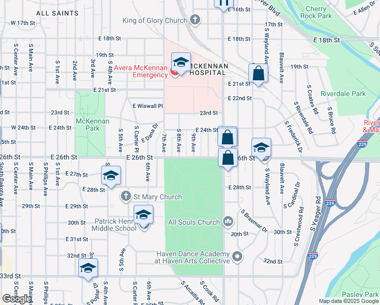 map of restaurants, bars, coffee shops, grocery stores, and more near 1719 South 9th Avenue in Sioux Falls