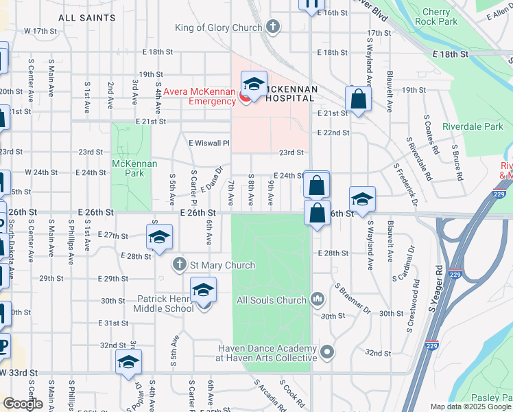 map of restaurants, bars, coffee shops, grocery stores, and more near 1719 South 9th Avenue in Sioux Falls