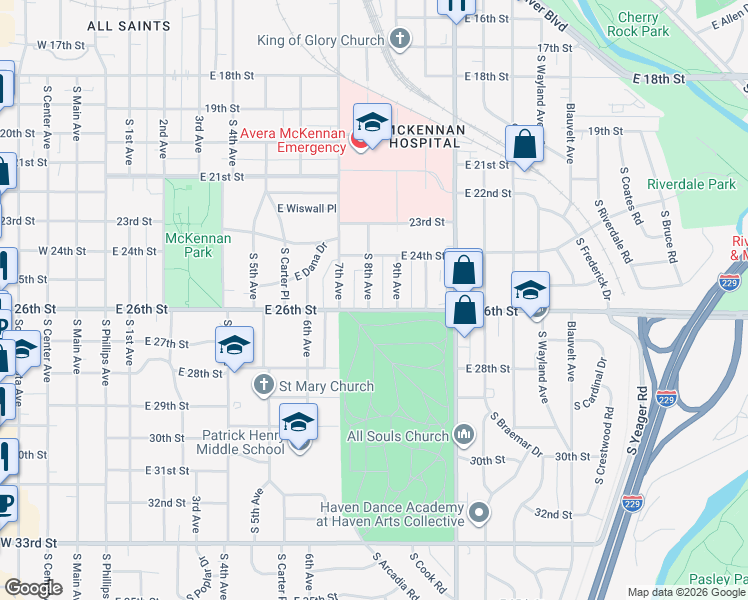 map of restaurants, bars, coffee shops, grocery stores, and more near 1719 South 8th Avenue in Sioux Falls