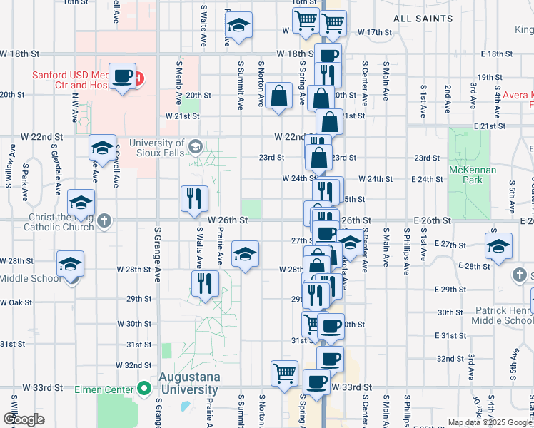 map of restaurants, bars, coffee shops, grocery stores, and more near 1706 South Norton Avenue in Sioux Falls