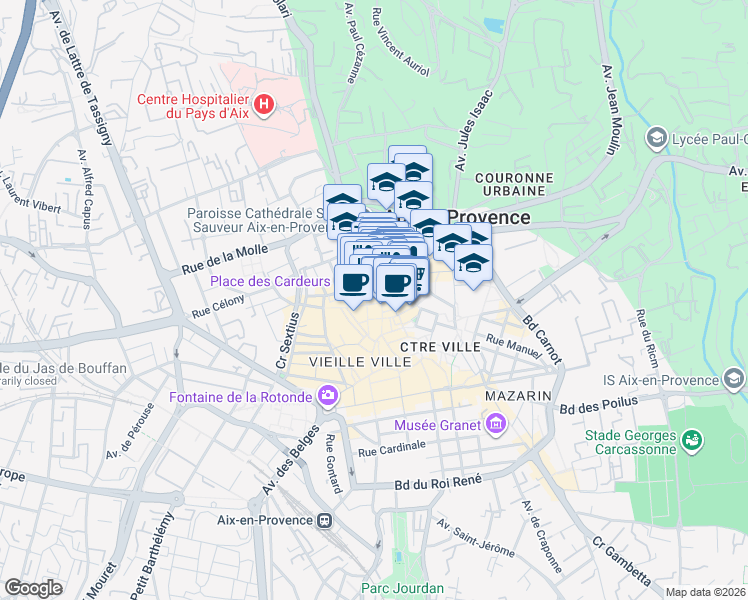 map of restaurants, bars, coffee shops, grocery stores, and more near in Aix-en-Provence
