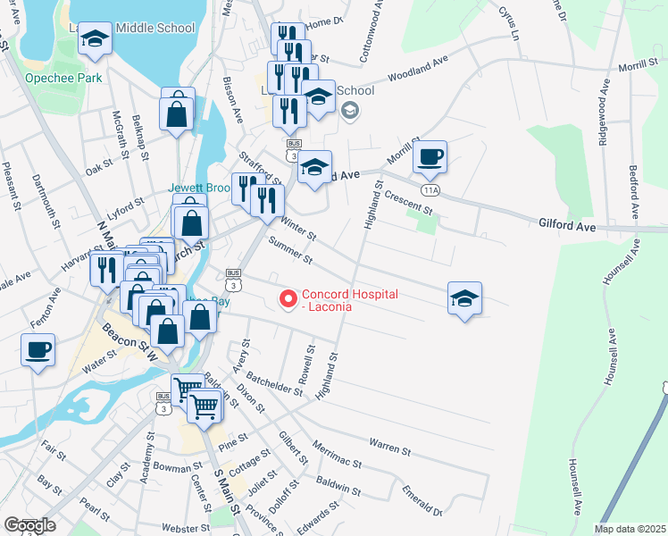 map of restaurants, bars, coffee shops, grocery stores, and more near 76 Summer Street in Laconia