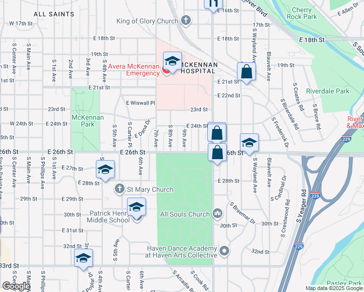 map of restaurants, bars, coffee shops, grocery stores, and more near 1719 South 9th Avenue in Sioux Falls