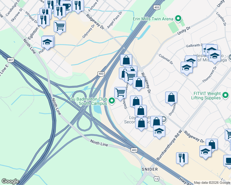map of restaurants, bars, coffee shops, grocery stores, and more near 4160 Sladeview Crescent in Mississauga