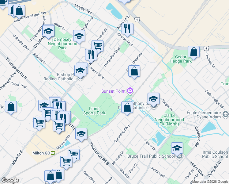 map of restaurants, bars, coffee shops, grocery stores, and more near 212 Ellis Crescent in Milton