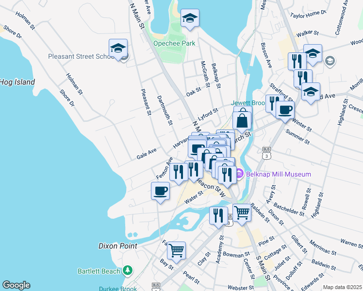 map of restaurants, bars, coffee shops, grocery stores, and more near 40 Harvard Street in Laconia