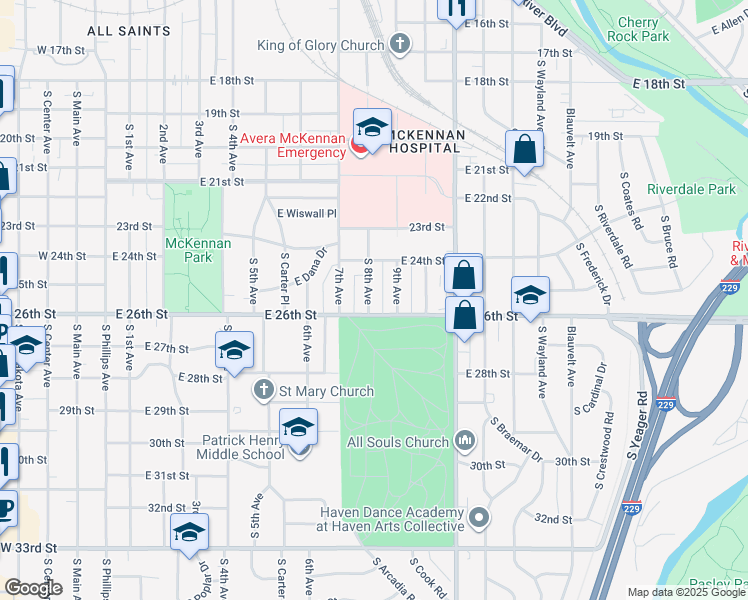 map of restaurants, bars, coffee shops, grocery stores, and more near 1719 South 8th Avenue in Sioux Falls