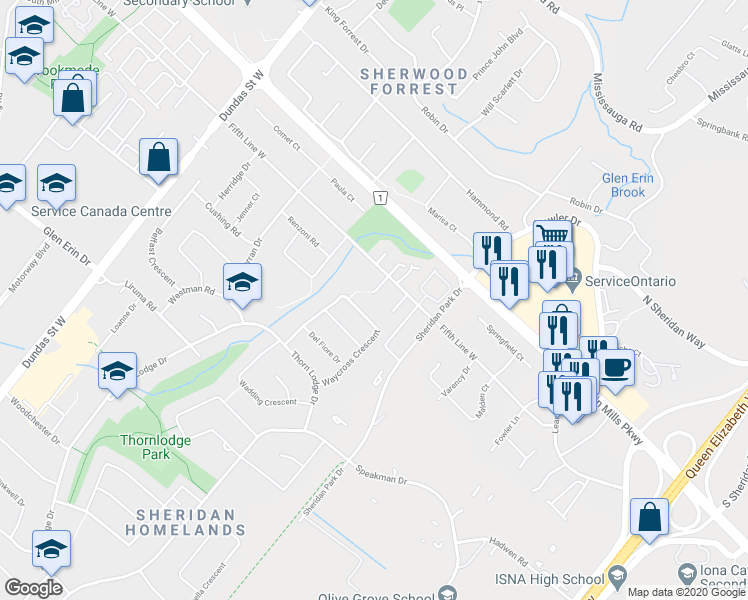 map of restaurants, bars, coffee shops, grocery stores, and more near 2134 Danube Court in Mississauga