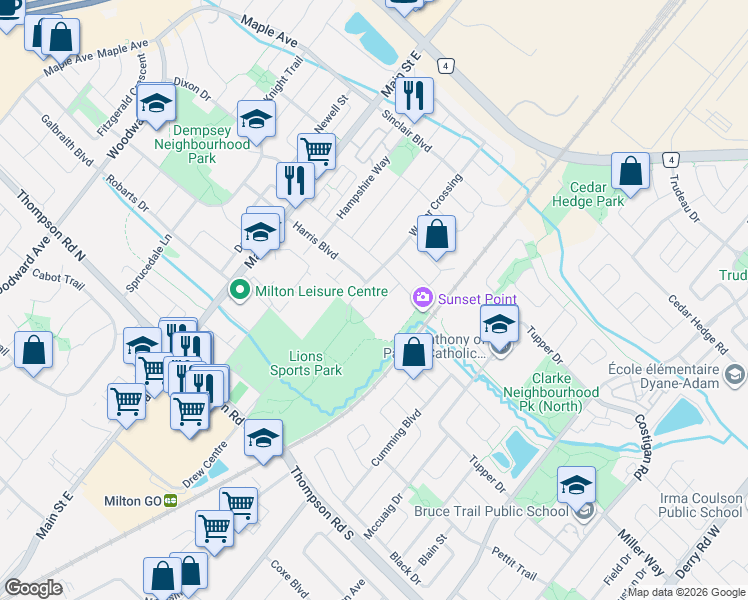 map of restaurants, bars, coffee shops, grocery stores, and more near 214 Ellis Crescent in Milton