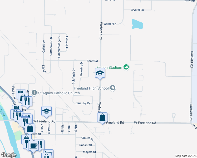 map of restaurants, bars, coffee shops, grocery stores, and more near 8341 Webster Road in Freeland