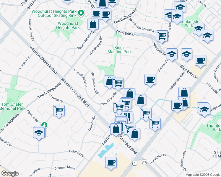 map of restaurants, bars, coffee shops, grocery stores, and more near 2821 Windjammer Road in Mississauga