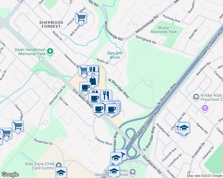 map of restaurants, bars, coffee shops, grocery stores, and more near 1980 A Fowler Drive in Mississauga