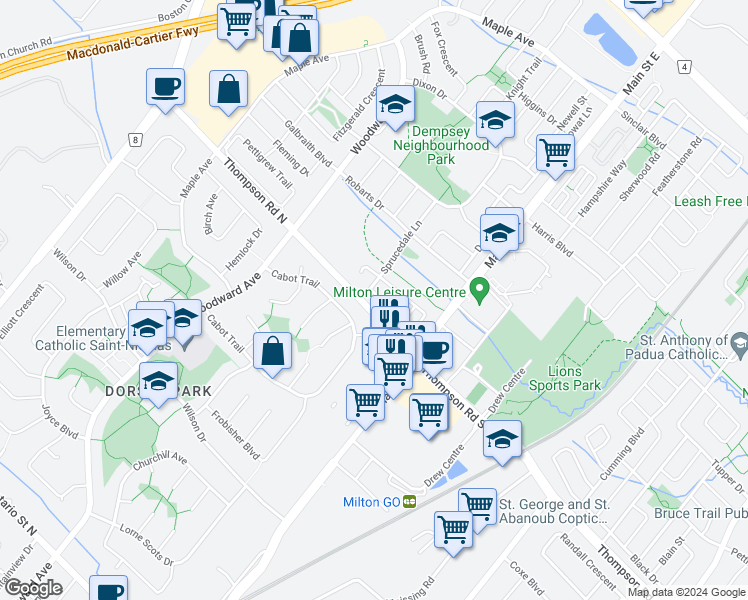 map of restaurants, bars, coffee shops, grocery stores, and more near 62 Manley Lane in Milton
