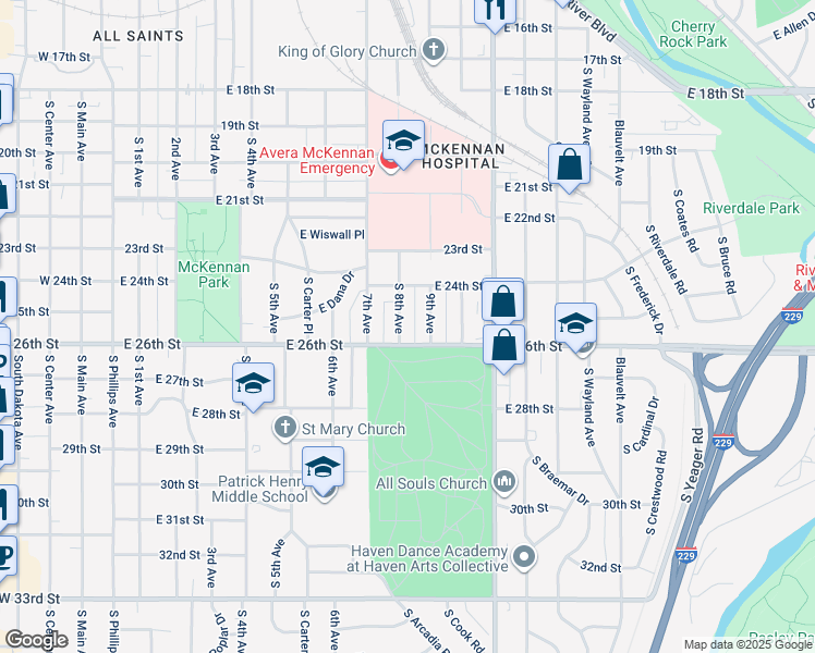 map of restaurants, bars, coffee shops, grocery stores, and more near 1719 South 9th Avenue in Sioux Falls