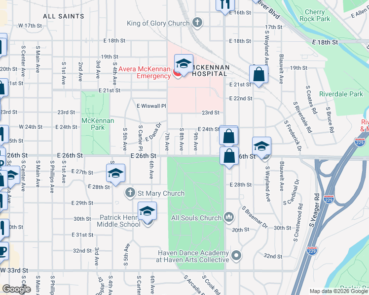 map of restaurants, bars, coffee shops, grocery stores, and more near 1719 South 8th Avenue in Sioux Falls