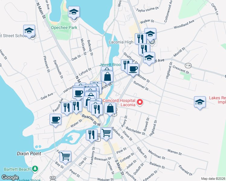 map of restaurants, bars, coffee shops, grocery stores, and more near 14 River Street in Laconia