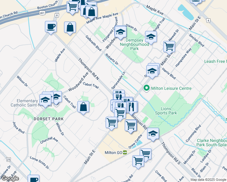 map of restaurants, bars, coffee shops, grocery stores, and more near 62 Manley Lane in Milton