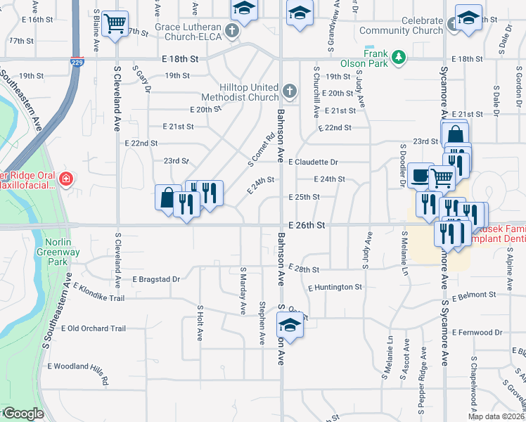 map of restaurants, bars, coffee shops, grocery stores, and more near 3509 East 25th Street in Sioux Falls