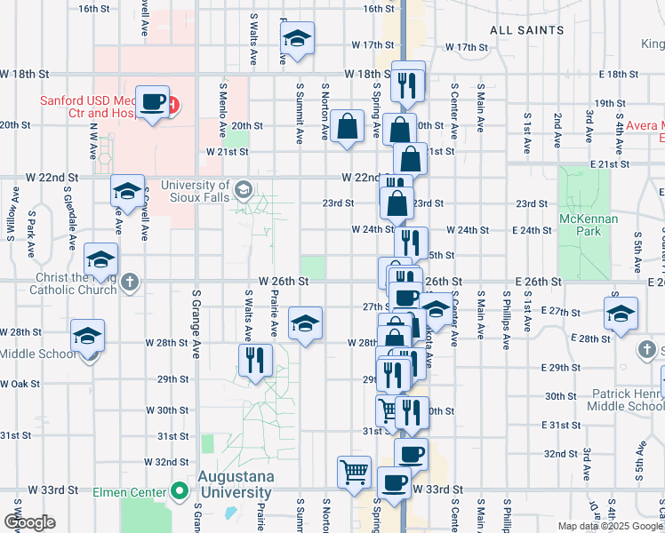 map of restaurants, bars, coffee shops, grocery stores, and more near 1706 South Norton Avenue in Sioux Falls