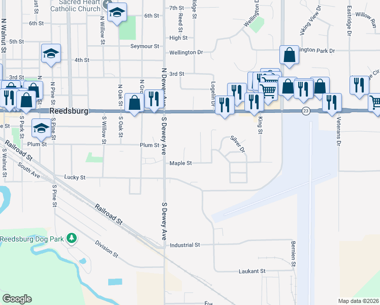 map of restaurants, bars, coffee shops, grocery stores, and more near 355 Mack Drive in Reedsburg