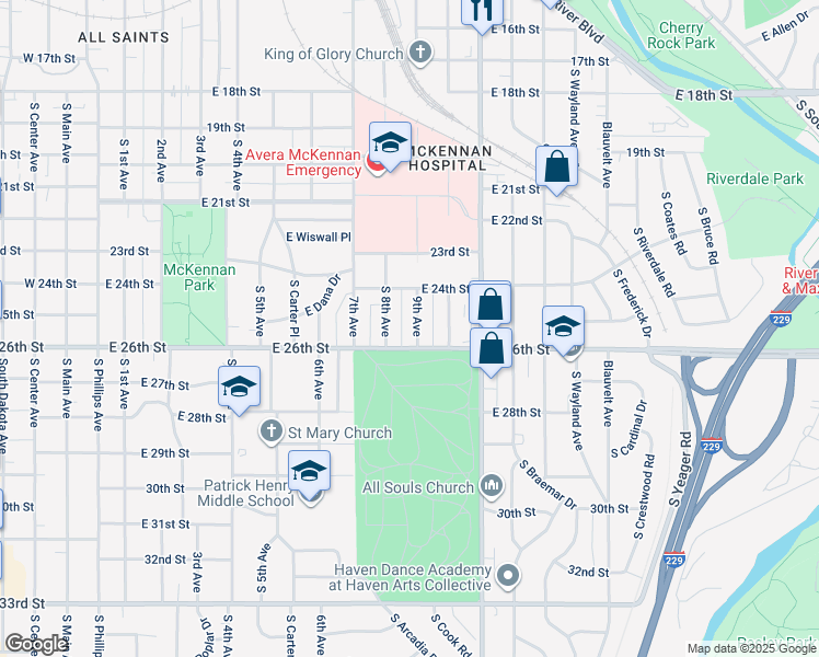 map of restaurants, bars, coffee shops, grocery stores, and more near 1719 South 9th Avenue in Sioux Falls