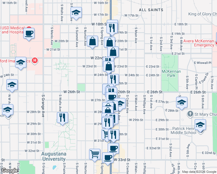 map of restaurants, bars, coffee shops, grocery stores, and more near 1701 South Minnesota Avenue in Sioux Falls